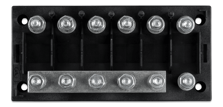 Top-down technical view of 6-way fuse holder base and electrical terminals