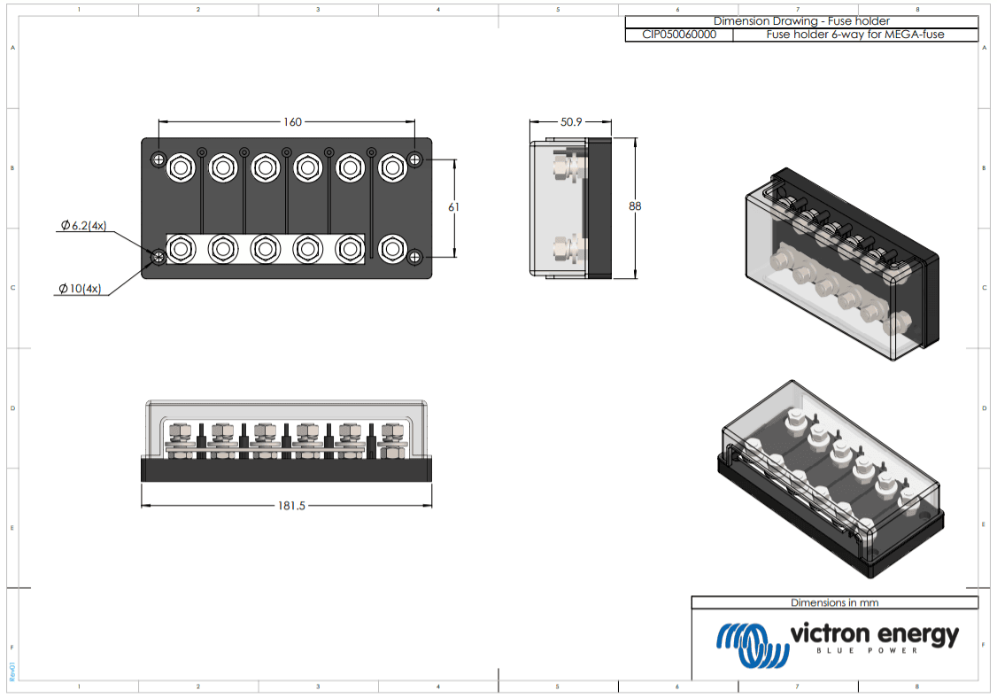 Dimension drawing for Victron 6-way MEGA-fuse holder showing heights and widths
