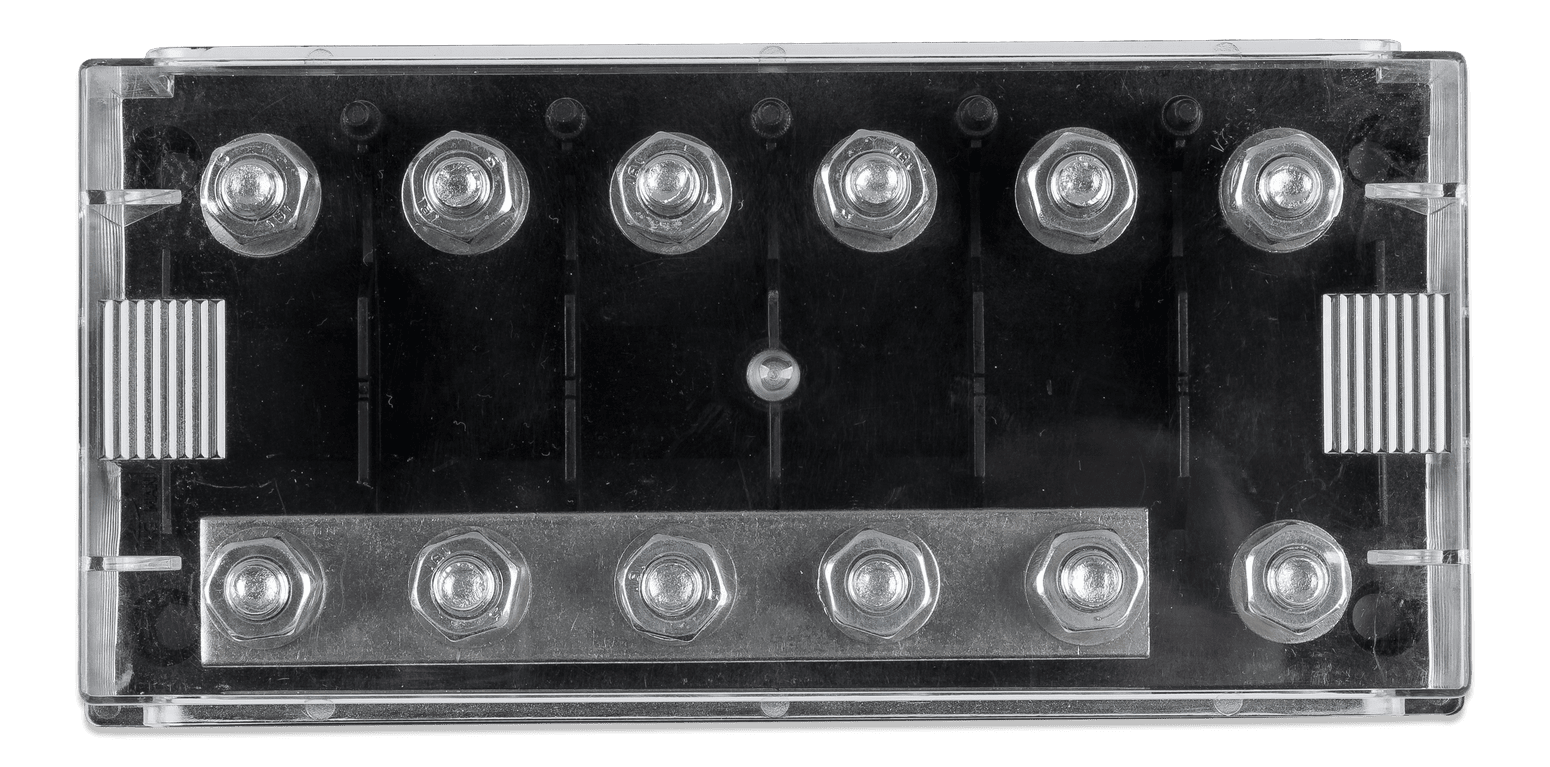 Top-down view of a Victron 6-way MEGA-fuse holder with clear cover