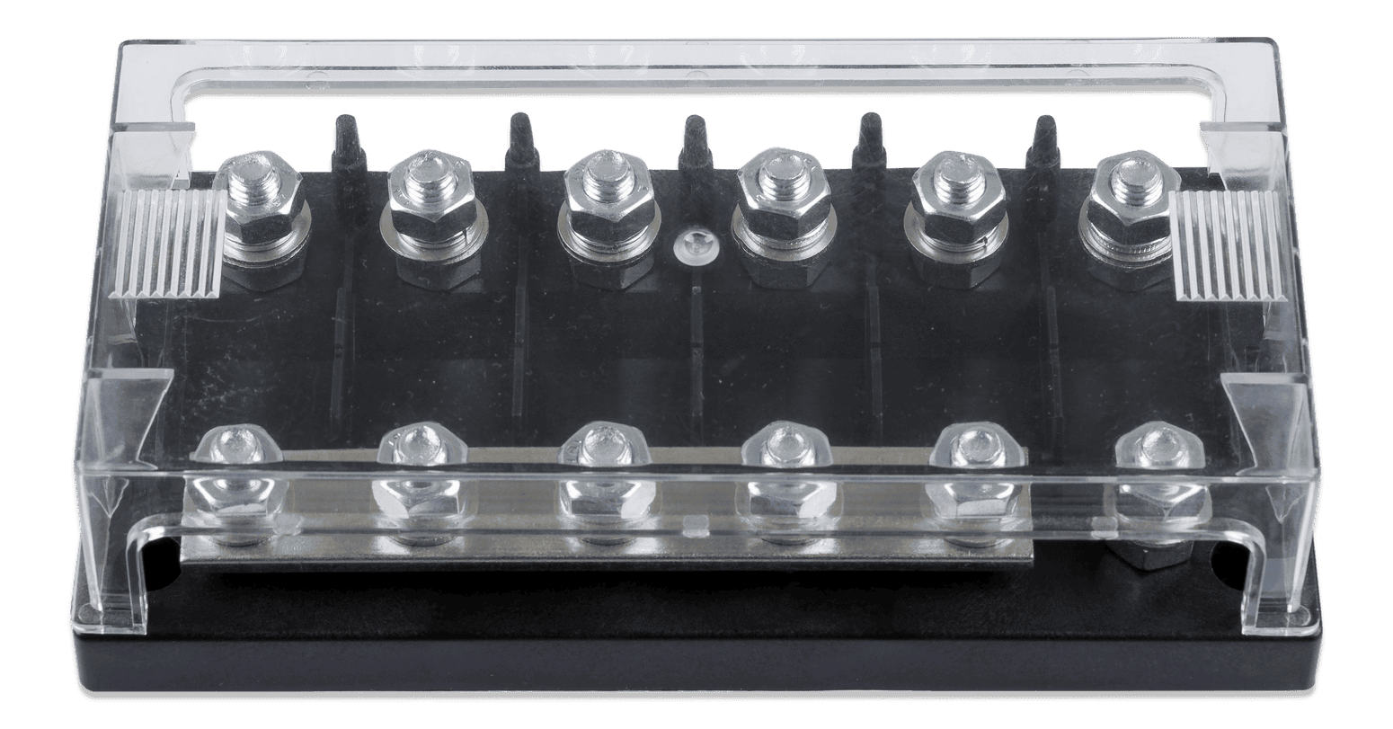 6-way MEGA-fuse holder with clear protective cover and black ABS base