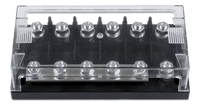 6-way MEGA-fuse holder with clear protective cover and black ABS base