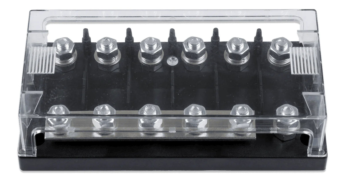 6-way MEGA-fuse holder with clear protective cover and black ABS base