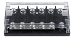 6-way MEGA-fuse holder with clear protective cover and black ABS base