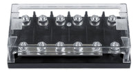 6-way MEGA-fuse holder with clear protective cover and black ABS base