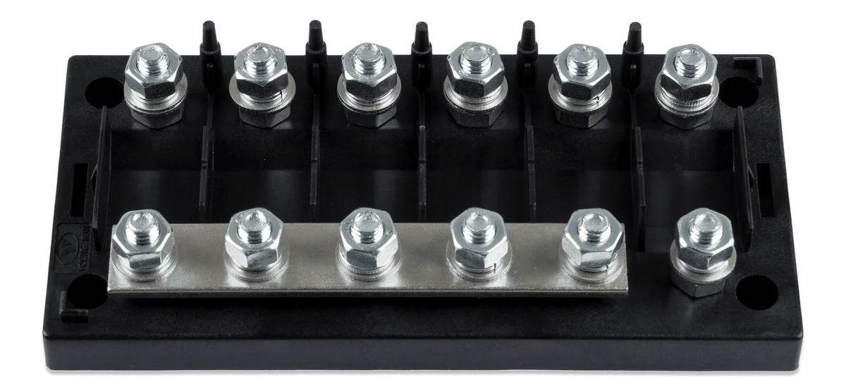 6-way MEGA-fuse holder without cover showing terminal studs and busbar