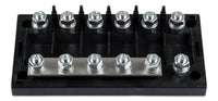 6-way MEGA-fuse holder without cover showing terminal studs and busbar