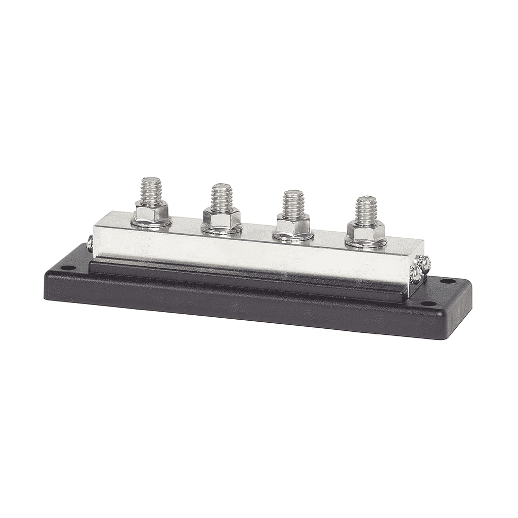 Victron 600A busbar with four stainless steel terminal studs and tin-plated copper bar on a black ABS base