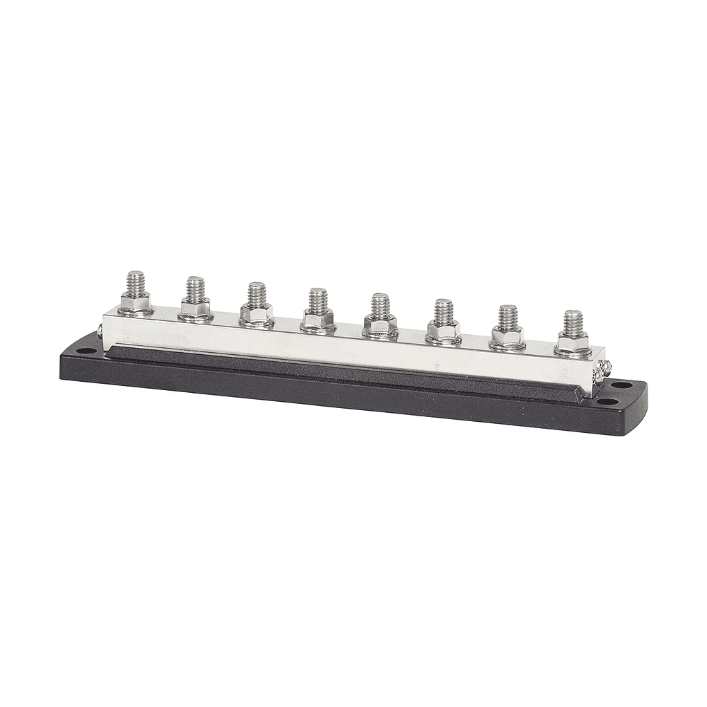 Victron 600A 8P busbar with stainless steel terminals and screw connections on black base