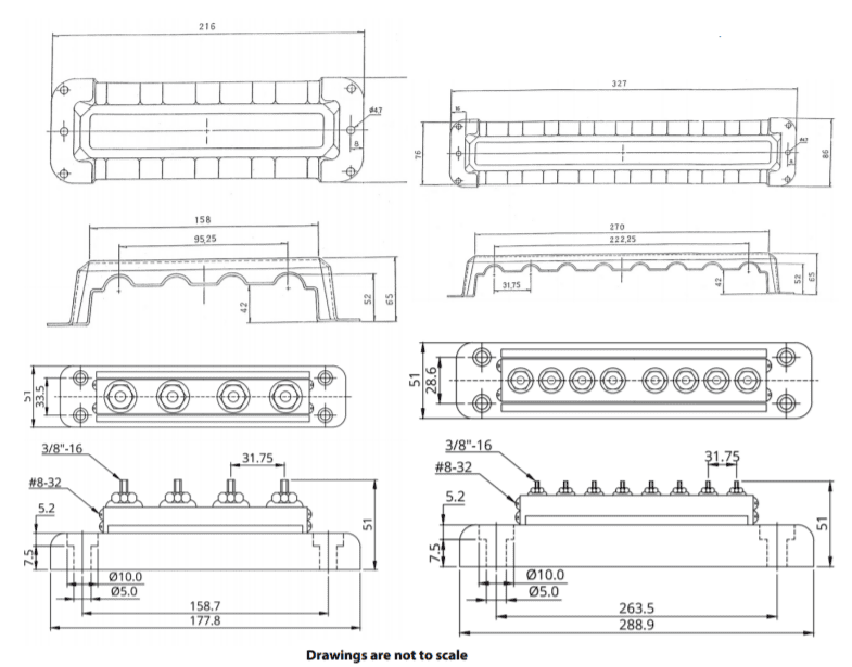 Technical dimensional drawings for 4-terminal and 8-terminal 600A busbar units