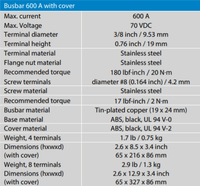 Specifications table for Victron 600A busbar detailing current, voltage and material specs