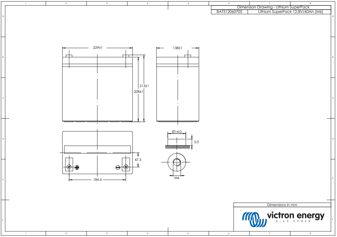 Dimensional drawing of Victron 60Ah Lithium SuperPack battery in mm