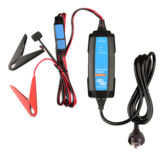 Victron Blue Smart IP65 6V and 12V 1.1A battery charger with battery clamps and AU plug