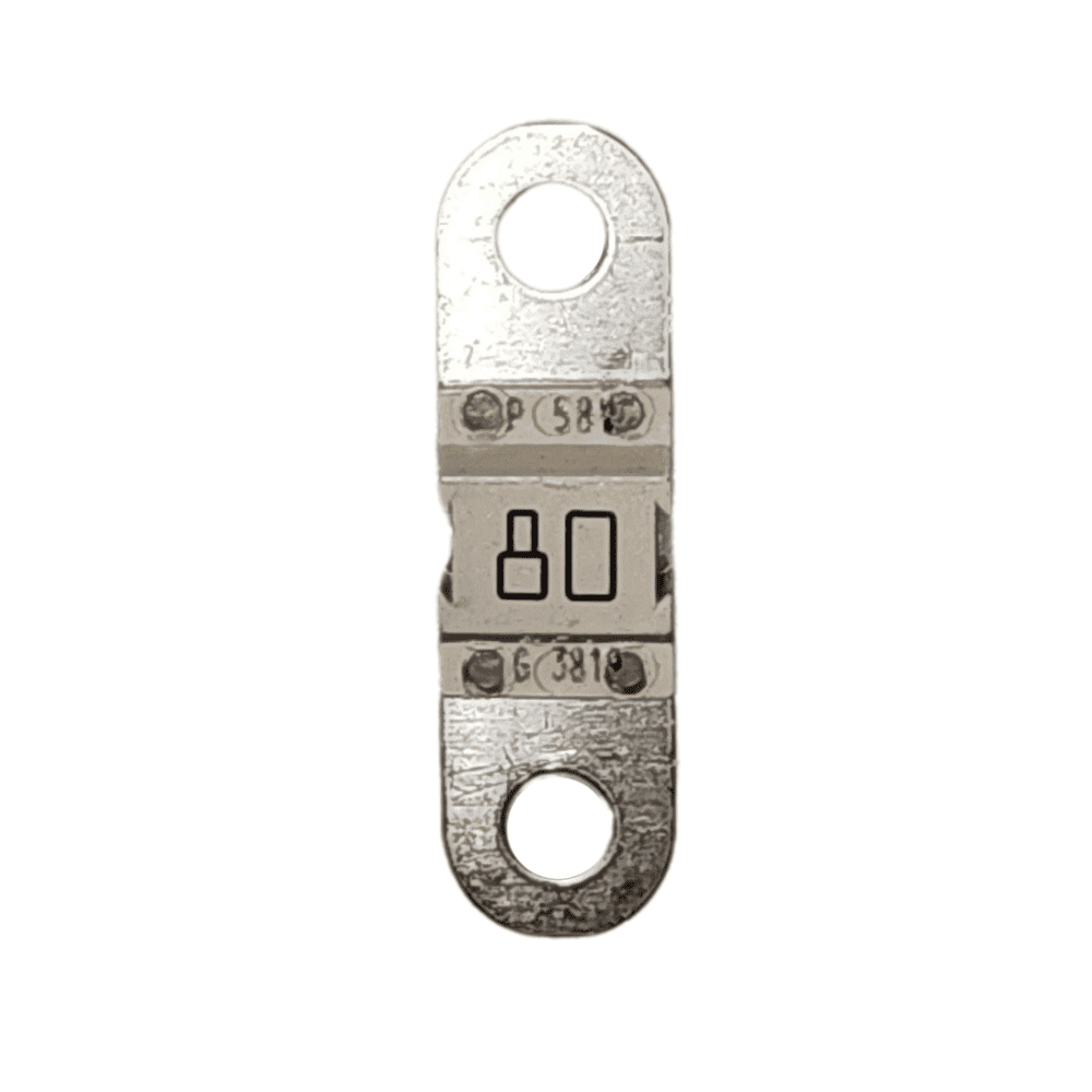 80A 58V MIDI fuse with metallic finish and circular mounting holes on a white background