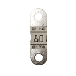 80A 58V MIDI fuse with metallic finish and circular mounting holes on a white background