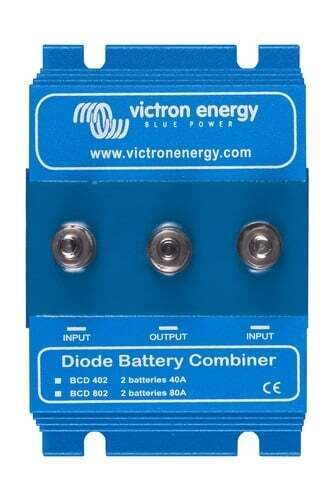 Front view of blue Victron Diode Battery Combiner with three M6 bolt terminals and cooling fins