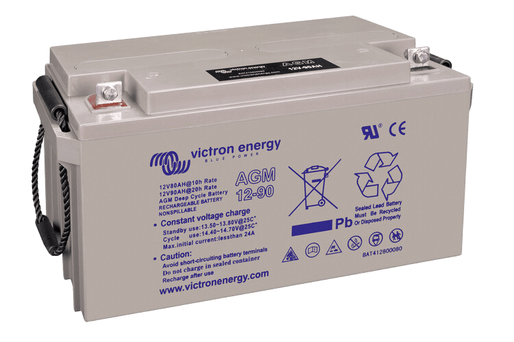 Perspective view of a Victron 12V 90Ah AGM battery showing carrying handles and top terminals