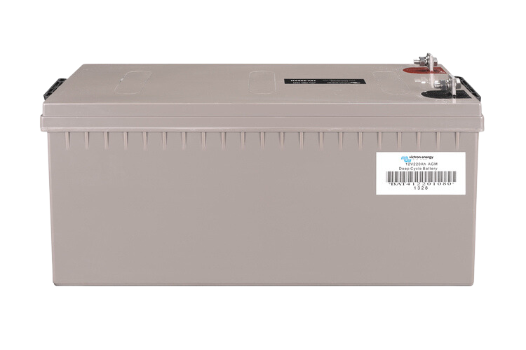 Rear side of the 12V 220Ah AGM battery with product barcode and SKU label