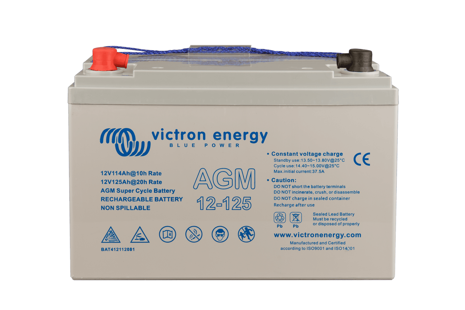 Victron 125Ah AGM battery with red and black protective terminal covers