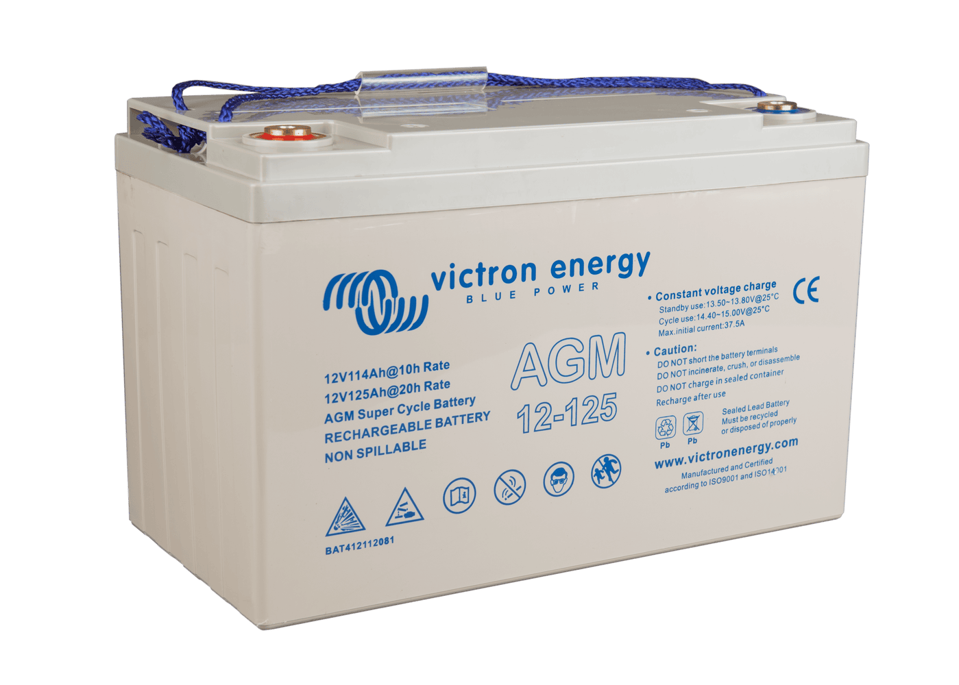 Perspective view of Victron 12V 125Ah AGM Super Cycle battery showing top and side