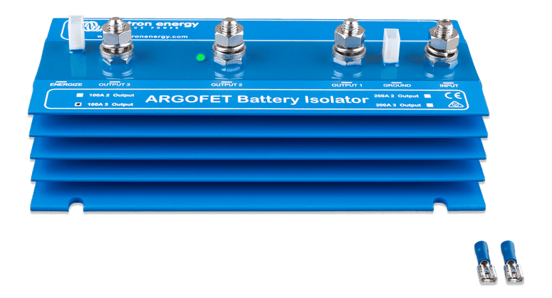 Blue Victron Argo FET 100A battery isolator with four M8 studs and status LED