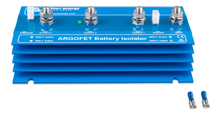 Blue Victron Argo FET 200-3 battery isolator with three outputs and cooling fins