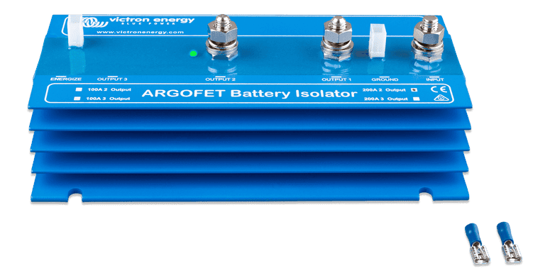 Victron Argo FET 200A battery isolator with blue aluminium heatsink and M8 terminals