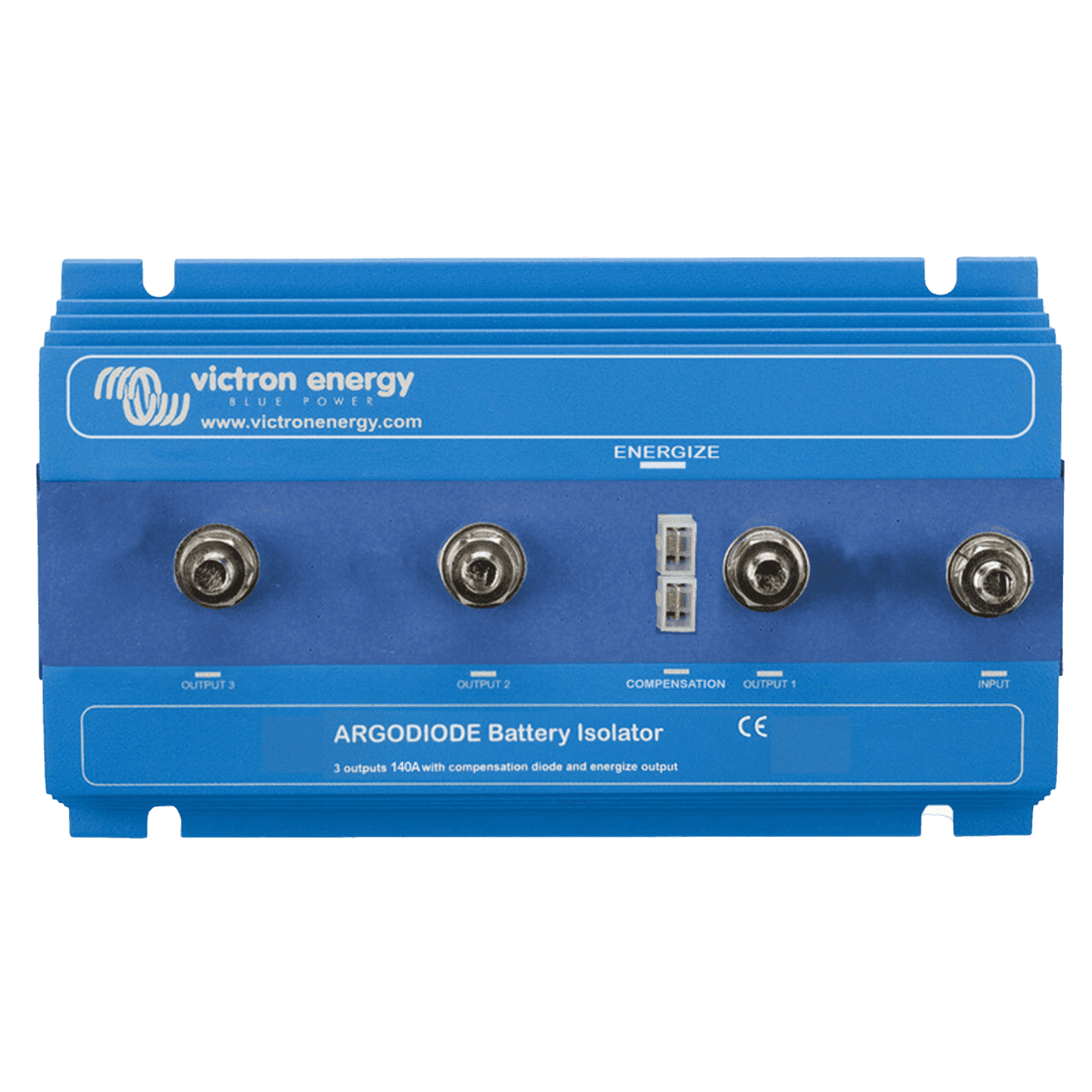 Front view of blue Victron Argodiode 140-3AC battery isolator showing M8 studs and energize terminals