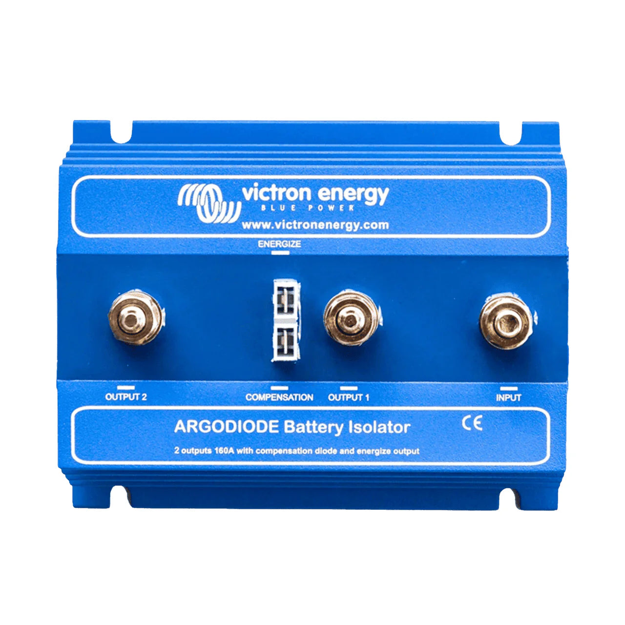 Blue Victron Argodiode 160A battery isolator with three large studs and central blade terminals