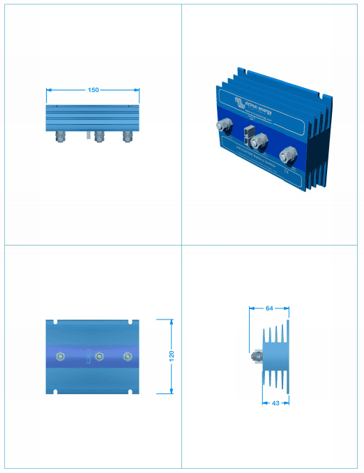 Four technical drawings showing dimensions of the 160A battery isolator in millimetres