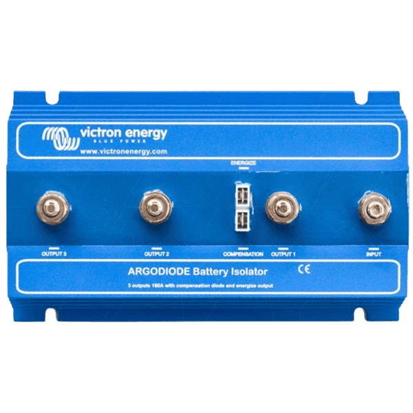 Front view of blue Victron Argodiode 180A battery isolator with four M8 studs and central spade terminals