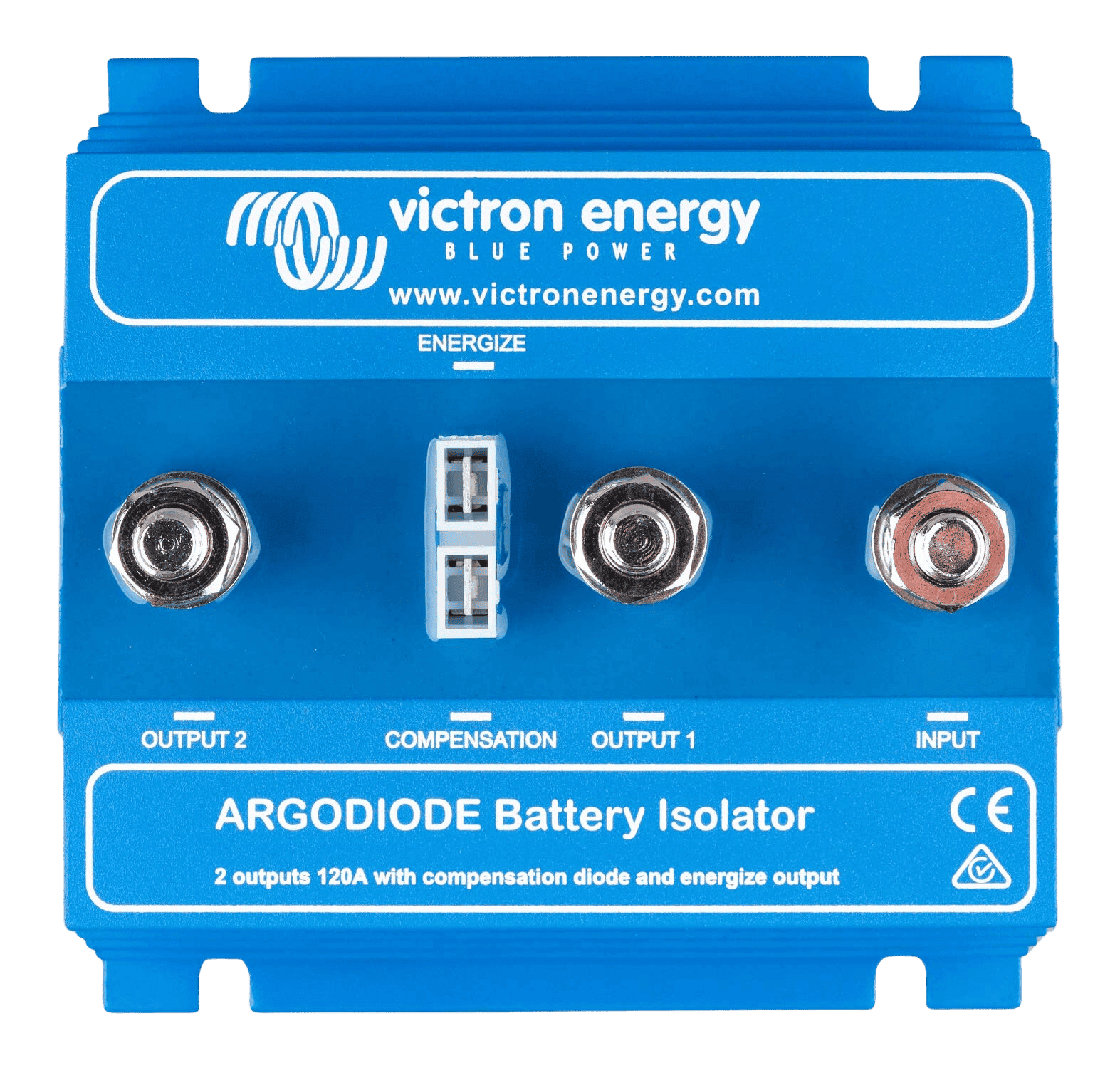 Top view of a blue Victron Argodiode battery isolator with three M8 screw terminals and central plug