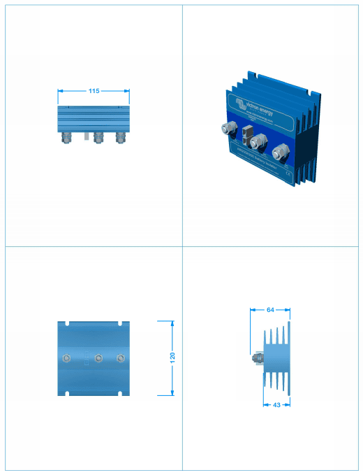 Dimensional drawing of the battery isolator showing height, width, and depth measurements