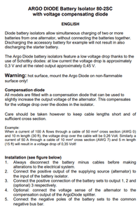 Product information sheet for Argodiode battery isolator series detailing Schottky diode features