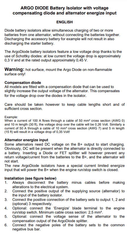 Technical features of the Argo Diode battery isolator range including Schottky diode information