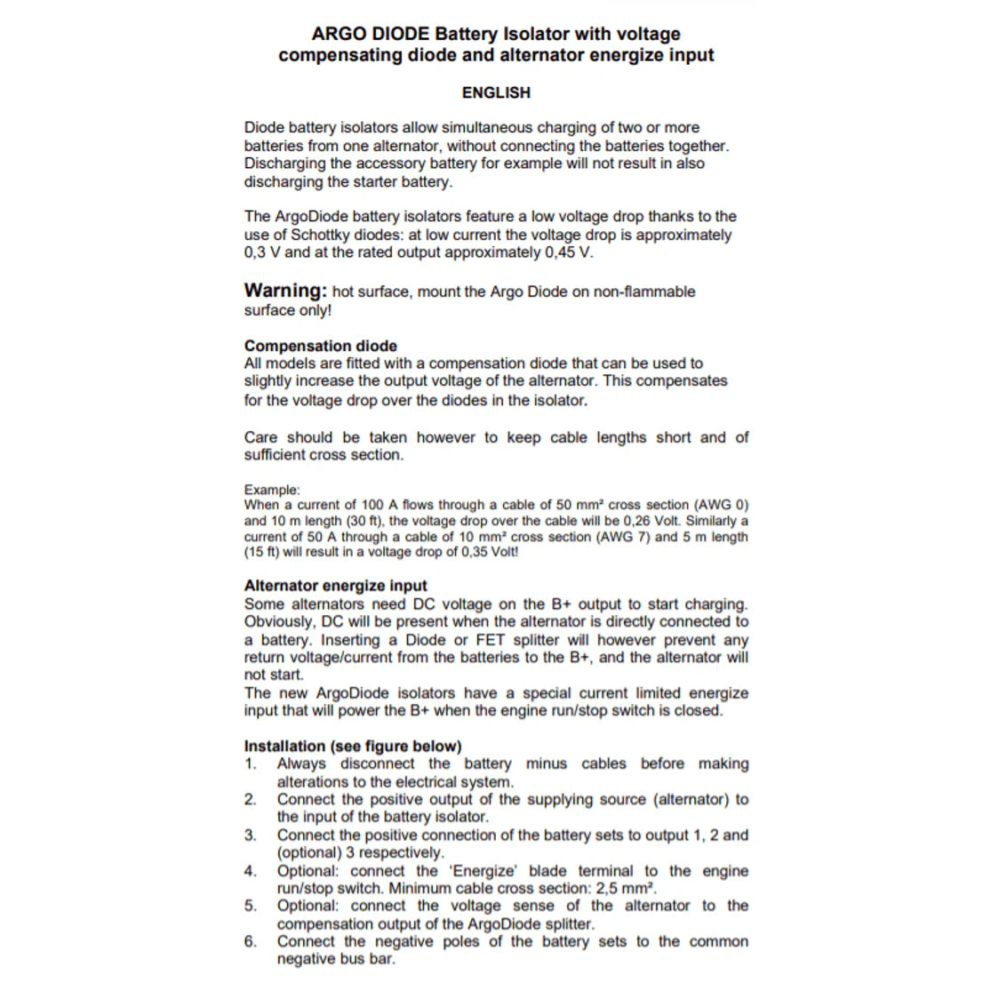 Technical features of the Argo Diode battery isolator range including Schottky diode information