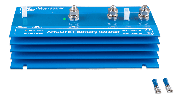 Victron Argofet 100-2 battery isolator with blue heatsink enclosure and crimp terminals