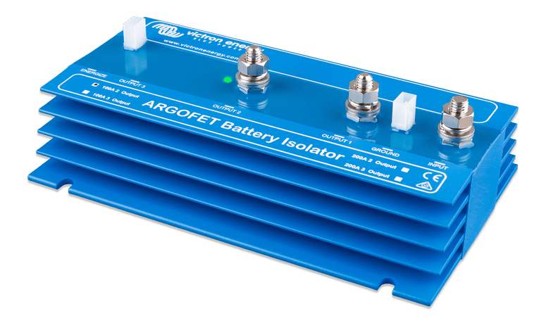 Left perspective view of the blue Victron Argofet battery isolator showing aluminium cooling fins