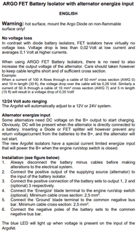 Technical specification sheet for Argofet FET battery isolators detailing voltage loss and installation
