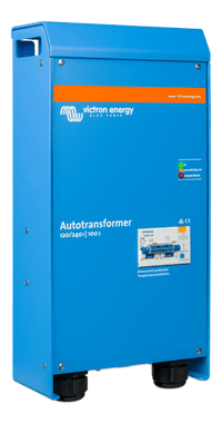 Left side perspective of heavy-duty Victron 100A autotransformer showing side mounting holes
