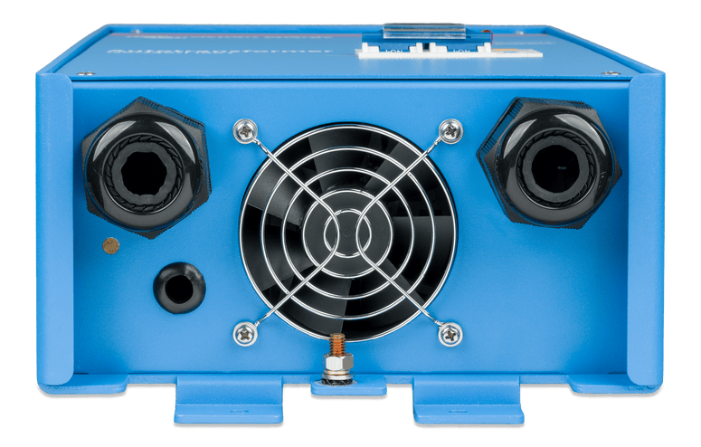 Bottom view of 100A autotransformer showing cooling fan and dual cable glands