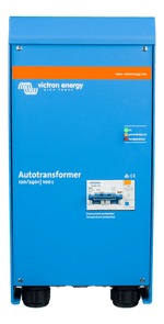 Front view of Victron Autotransformer 120/240V 100A with circuit breaker and LED status panel