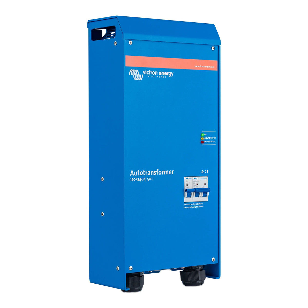 Angled view of a blue 50A autotransformer enclosure with status LEDs and an integrated circuit breaker