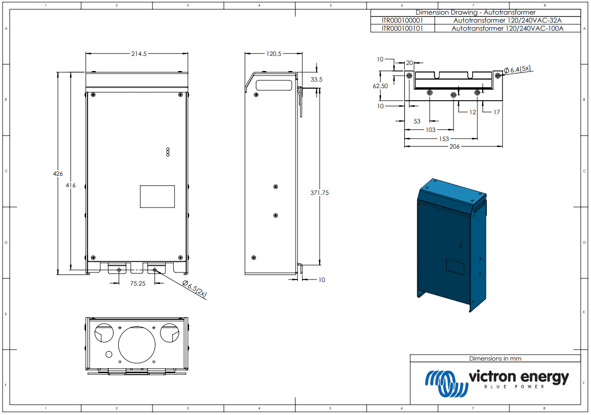 Technical dimension drawing of the Victron Autotransformer 32A showing all measurements in millimetres