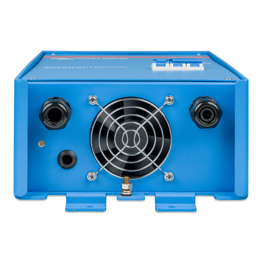 Bottom view of the autotransformer showing cooling fan, cable entries and earth stud