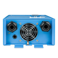Bottom view of an autotransformer showing a cooling fan and two cable glands