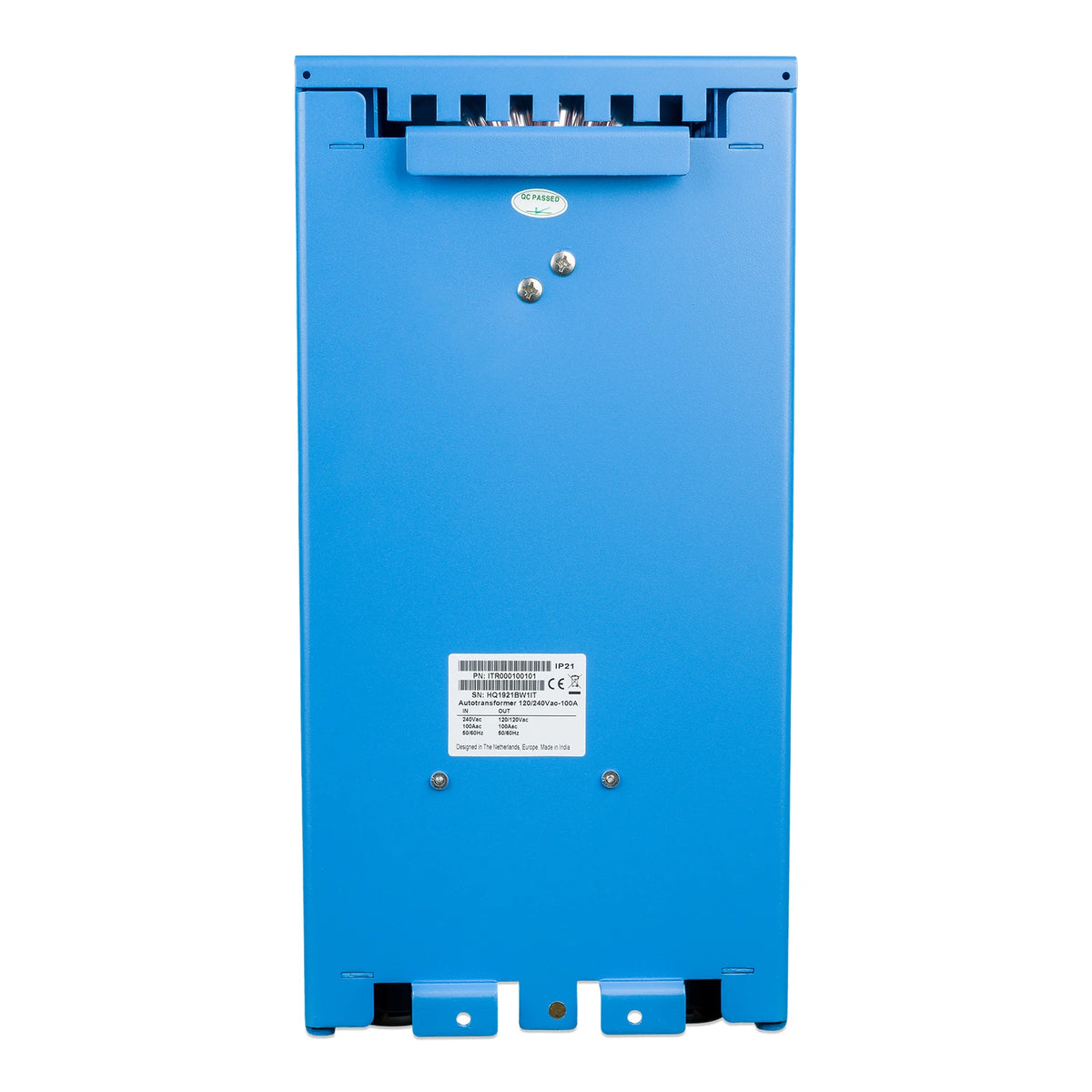 Rear view of a blue autotransformer with a technical specification sticker