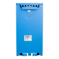 Rear view of a blue autotransformer with a technical specification sticker