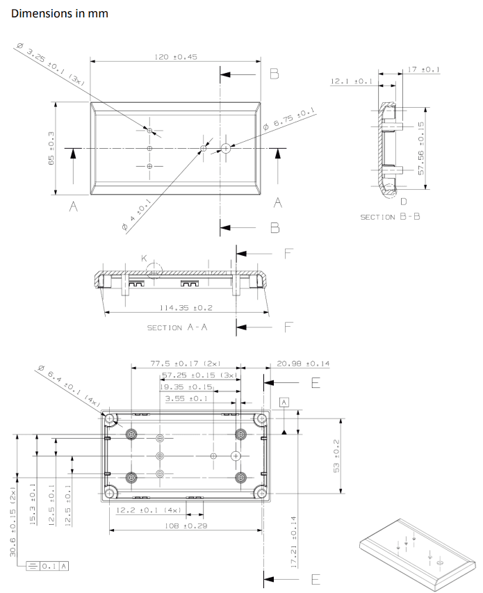 Dimensional drawing showing measurements in millimetres for the battery alarm panel