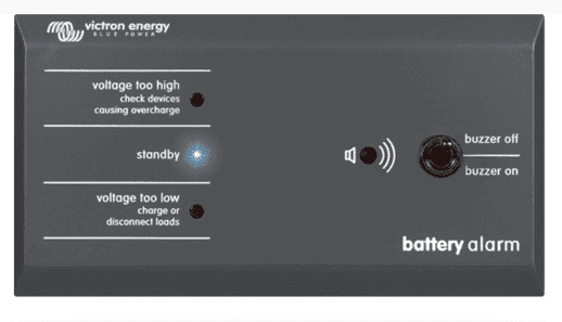 Front face of a grey Victron battery alarm panel with indicator LEDs and a buzzer switch