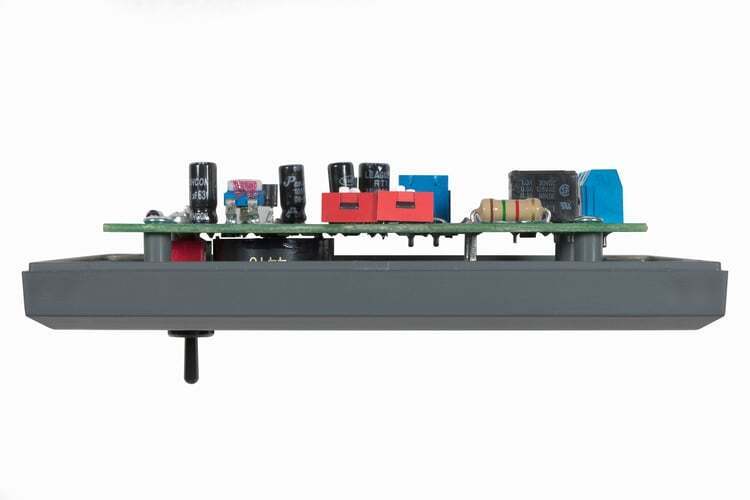 Side profile of the battery alarm PCB and front panel assembly